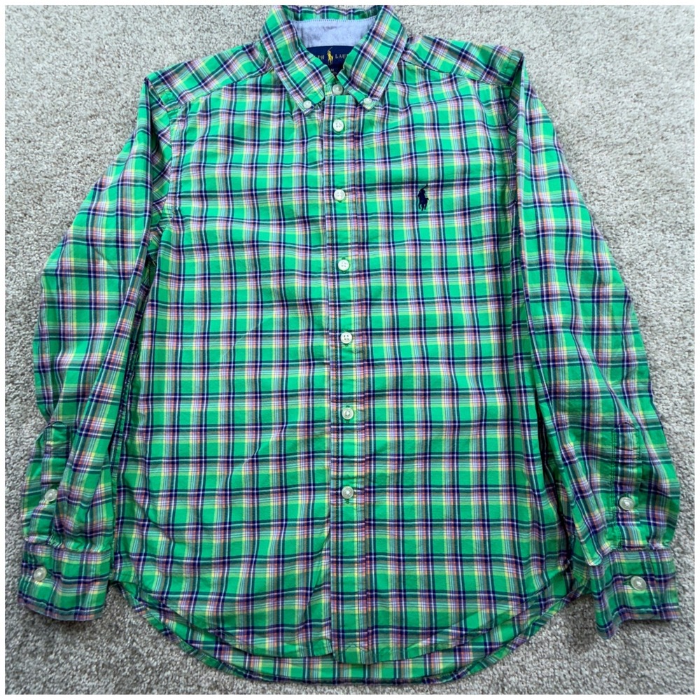 Polo Ralph Lauren Boys Green Purple Plaid Button Down Shirt Size M 10-12